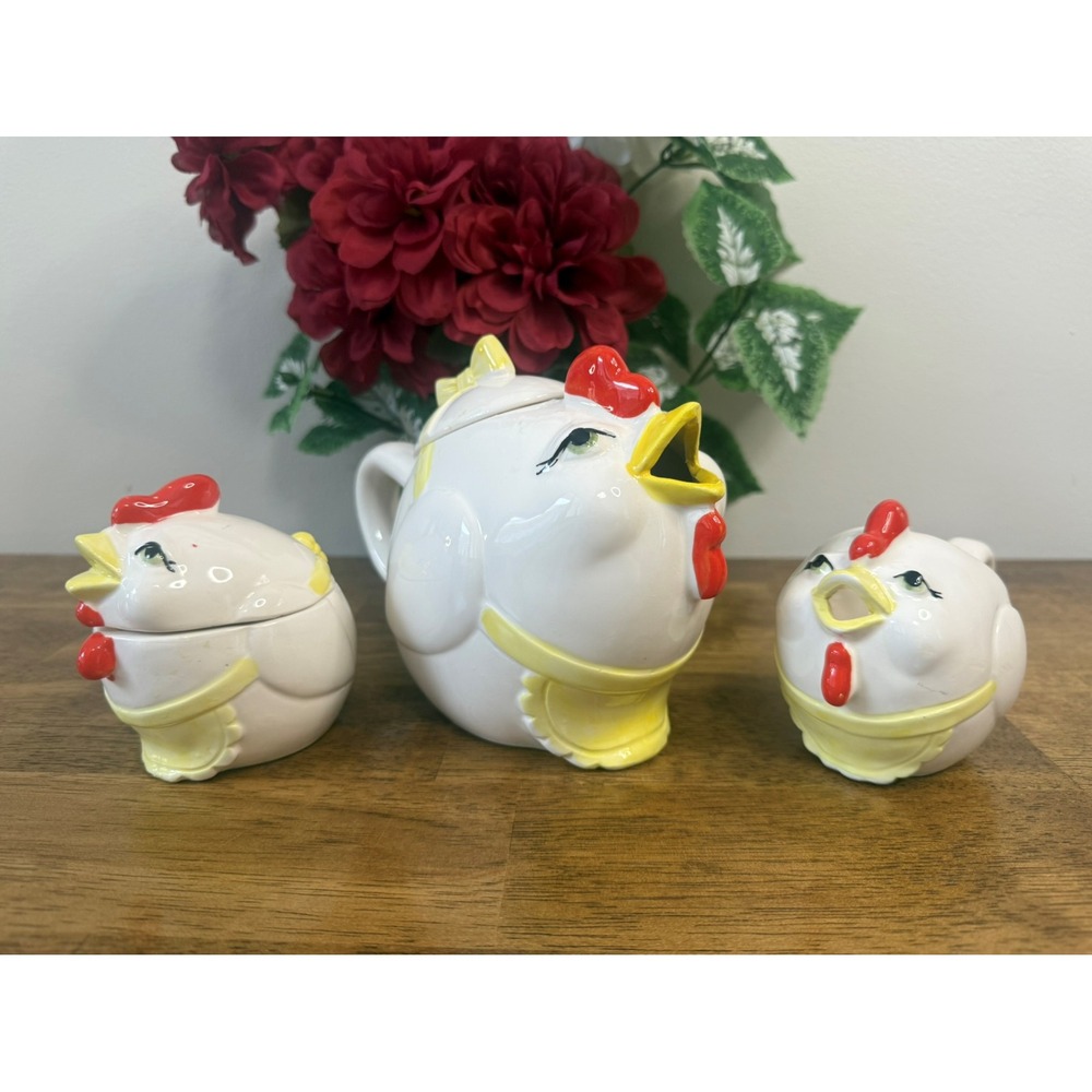 Vintage Enesco Japan Chicken‎ Teapot Creamer Sugar Set Quirky Farmhouse Kitchen